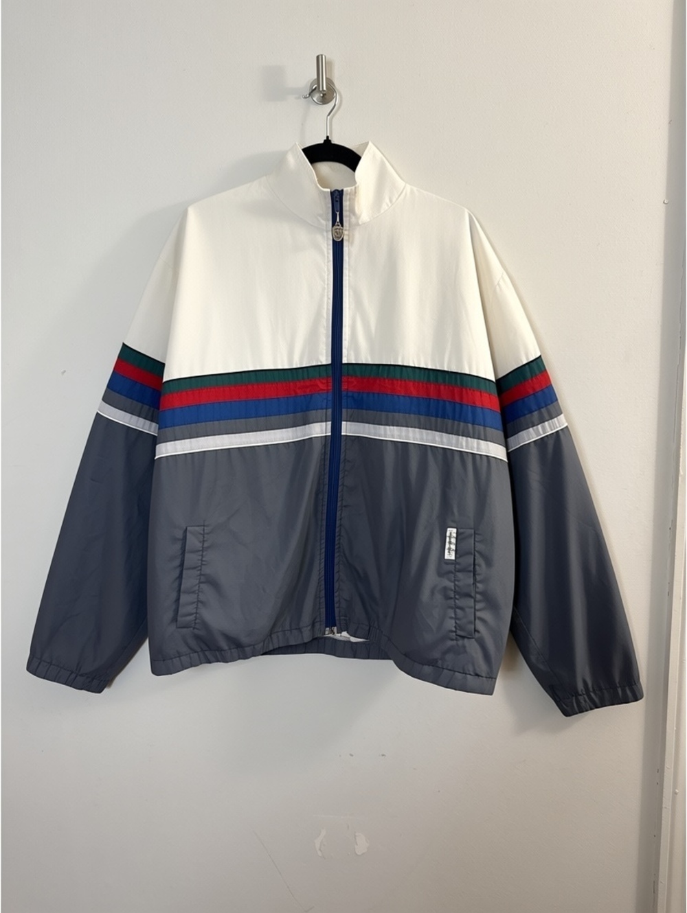 Vintage Windbreaker Jacket XL 80s 90s Colorblock Striped White Gray Nylon Retro